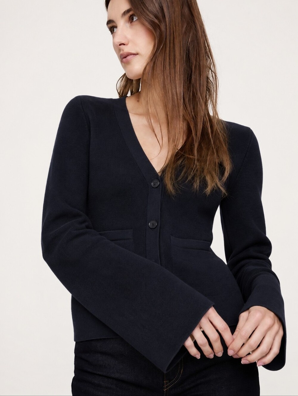 Banana Republic Larkspur Cotton & Silk Blend Vneck Flare Sleeve Navy Cardigan